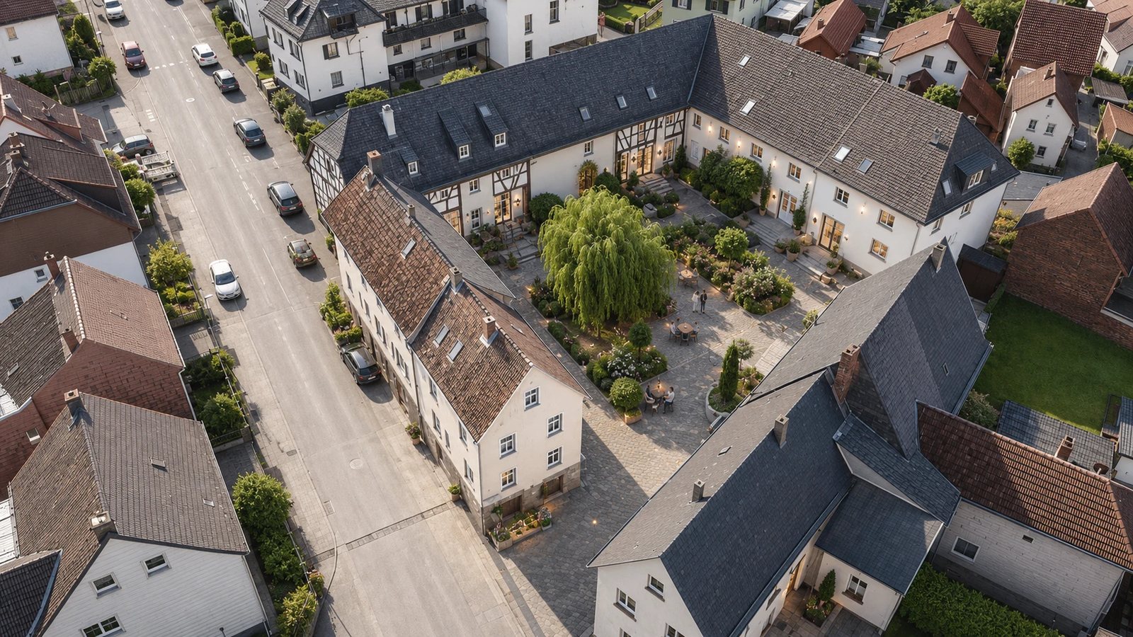 Luftaufnahme einer denkmalgeschützten Hofanlage mit Freianlagen